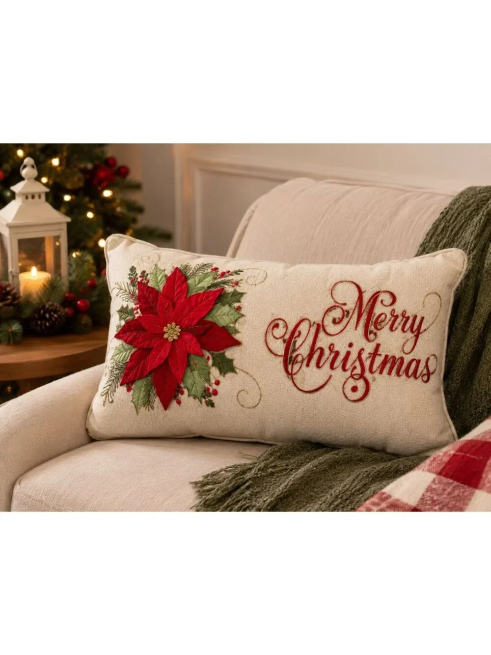 Platypus Home Merry Christmas Poinsettia Lumbar Throw Pillow Embroidered Holiday